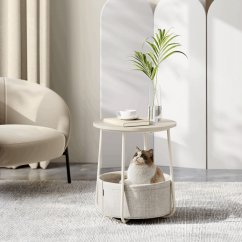 Štýlový odkladací stolík ELIO – 45 × 45 × 50 cm s textilným košom v kašmírovej béžovej