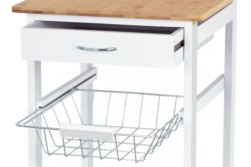 Servírovací stolek / regál, deska masiv bambus, MDF, bílý matný lak, pojezd Autronic