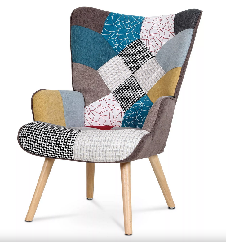 Relaxačné kreslo ušiak s podnožkou ALFIE – masív, látka, patchwork