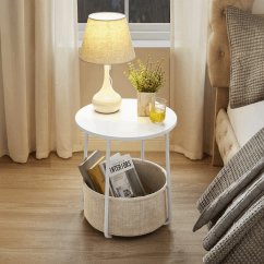 Štýlový odkladací stolík ELIO – 45 × 45 × 50 cm s textilným košom v bielej farbe Autronic