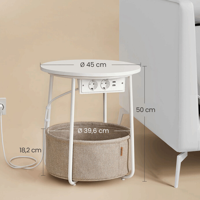 Odkládací stolek FLOW s USB a zásuvkou – bílý MDF, 45x45x50cm Autronic
