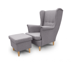 Křeslo ušák VISBY + taburet s úložným prostorem – masiv, látka, světle šedá Kupžidle