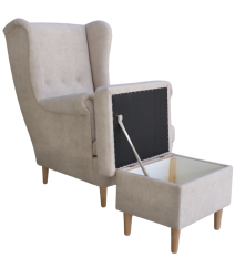 Křeslo ušák VISBY + taburet s úložným prostorem – masiv, látka, pet friendly, krémová KupŽidle