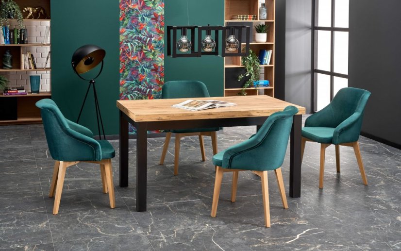 Jídelní rozkládací stůl TIAGO – 140x80x76 (+80) dřevo, dub/černá Halmar