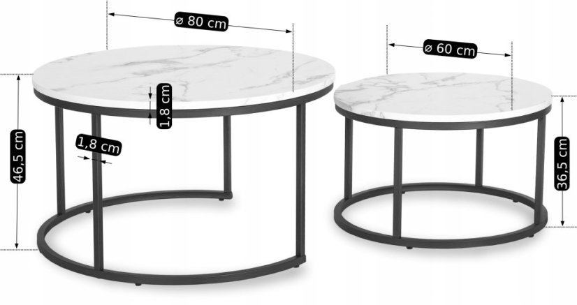 Elegantná sada stolíkov DAFNE MAX, biely mramor a čierny kov Meble Elite