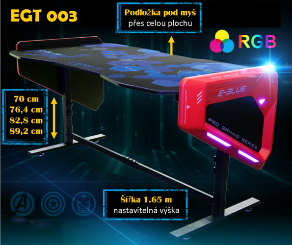 Herní výškově stavitelný stůl E-Blue EGT003 – 165×88,5×64 cm, podsvícený