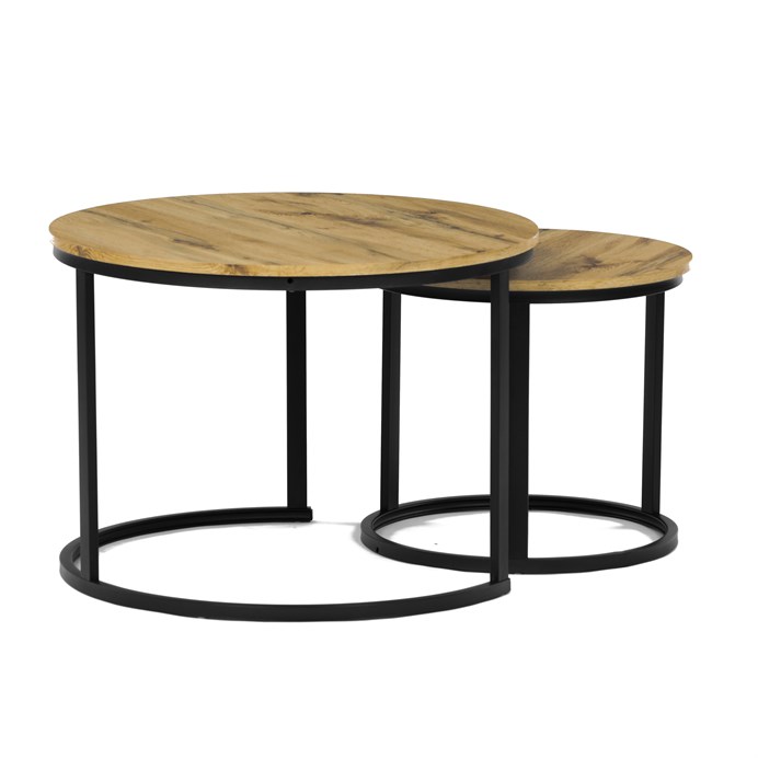 Sada 2 konferenčných stolíkov OREO 3 – MDF z divokého dubu, čierna kovová podstava Autronic