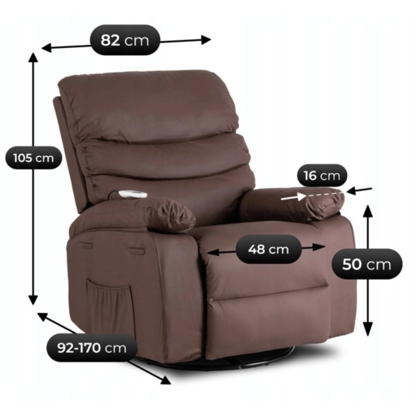 Masážne kreslo BRUCE – Polohovateľné, komfortné, hnedá ekokoža