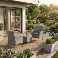 Zahradní set CAFEA 1+2 – šedý polyratan, tvrzené sklo, Autronic