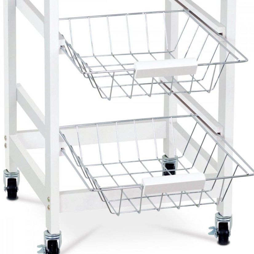 Servírovací stolík / regál, doska masív bambus, MDF, biely matný lak, pojazd