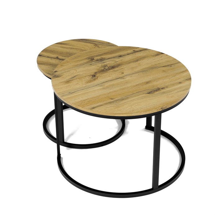 Sada 2 konferenčných stolíkov OREO 3 – MDF z divokého dubu, čierna kovová podstava Autronic