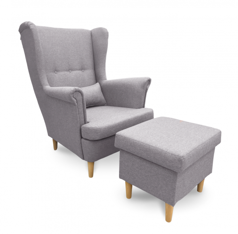 Křeslo ušák VISBY + taburet s úložným prostorem – masiv, látka, světle šedá Kupžidle