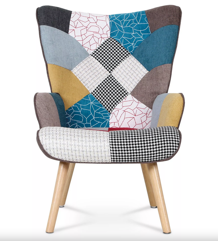 Relaxační křeslo ušák s podnožkou ALFIE – masiv, látka, patchwork Autronic