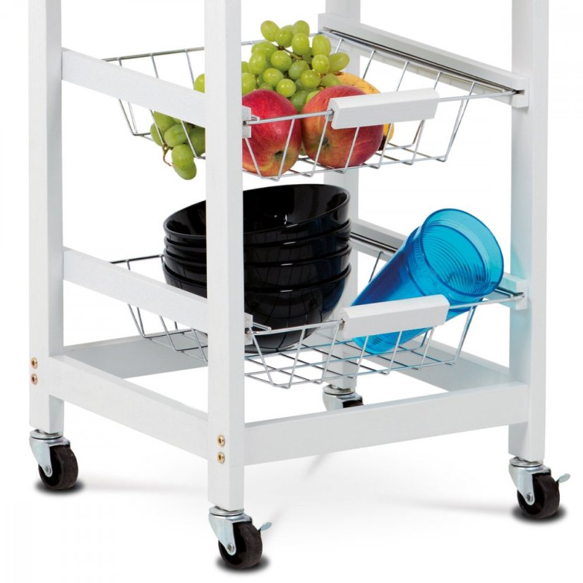 Servírovací stolík / regál, doska masív bambus, MDF, biely matný lak, pojazd