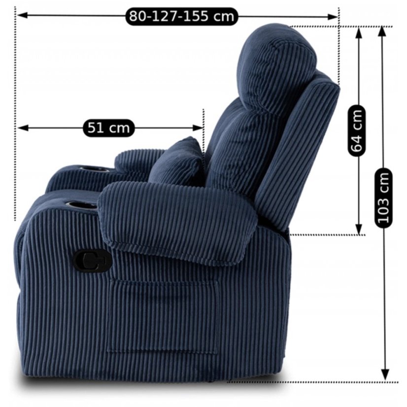 Kreslo TORRES Modrý manšestr – luxusný dizajn s držiakom na poháre