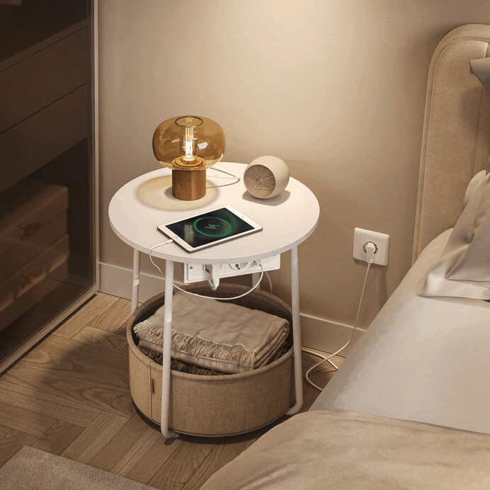 Odkladací stolík FLOW s USB a zásuvkou – biely MDF, 45x45x50cm Autronic