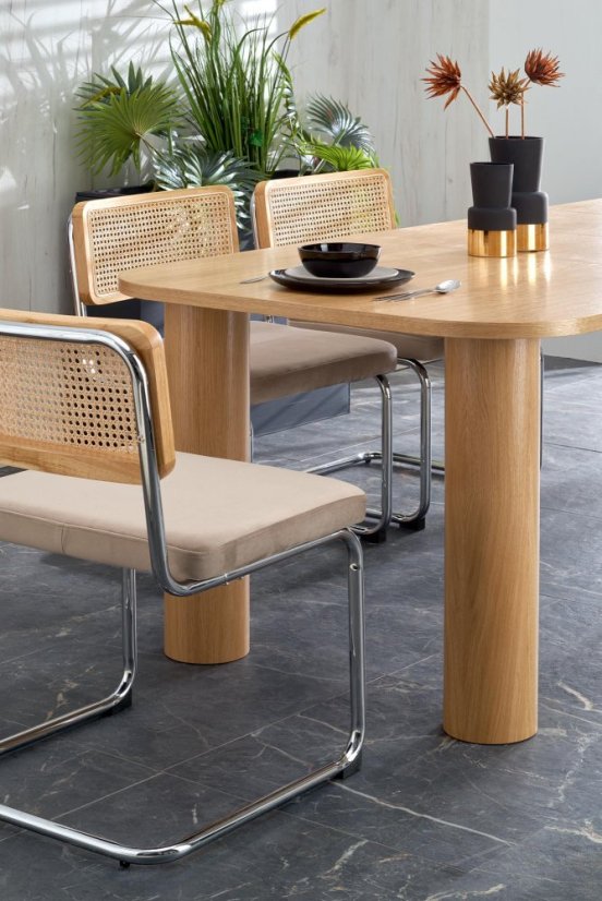 Jedálenská stolička ROSTAM — kov, látka, prírodný ratan, béžová