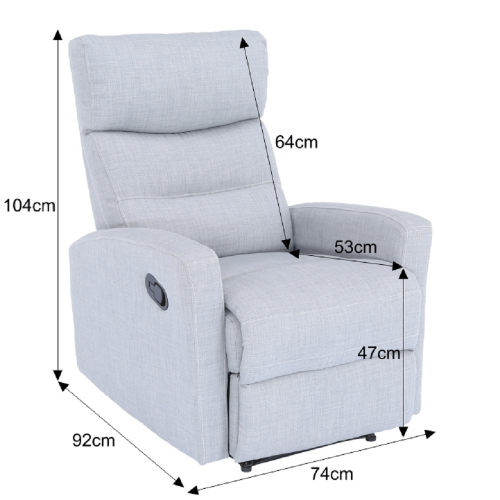 Relaxační TV křeslo SILAS — výsuvná podnožka, šedá látka, nosnost 150 kg