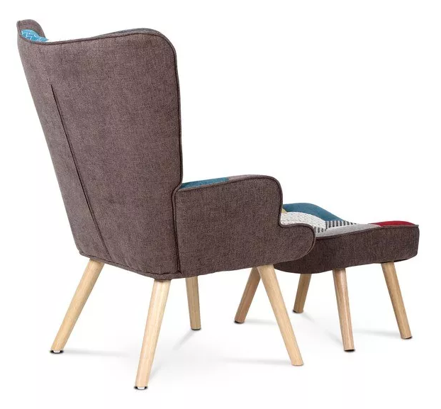 Relaxačné kreslo ušiak s podnožkou ALFIE – masív, látka, patchwork