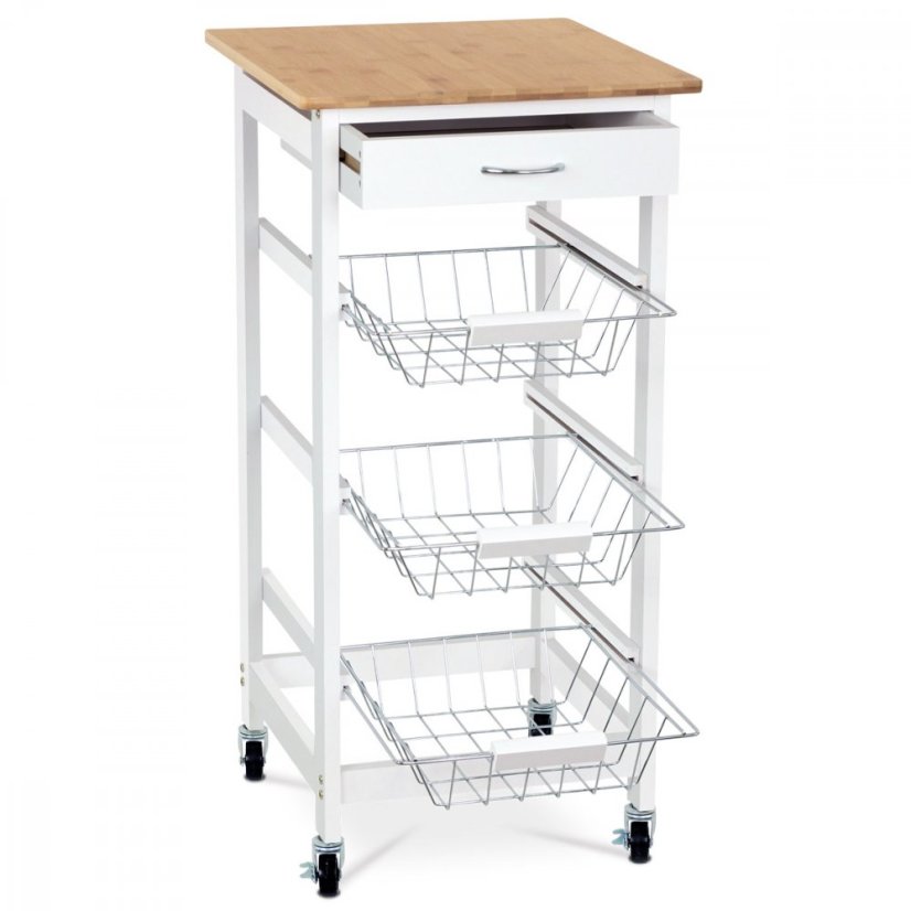 Servírovací stolík / regál, doska masív bambus, MDF, biely matný lak, pojazd