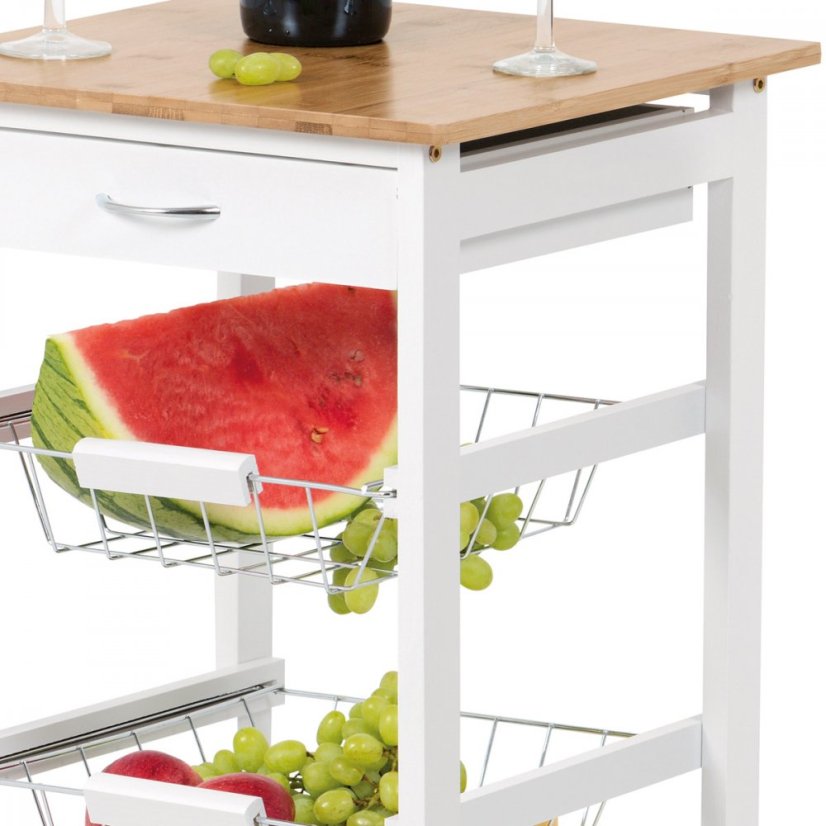 Servírovací stolík / regál, doska masív bambus, MDF, biely matný lak, pojazd