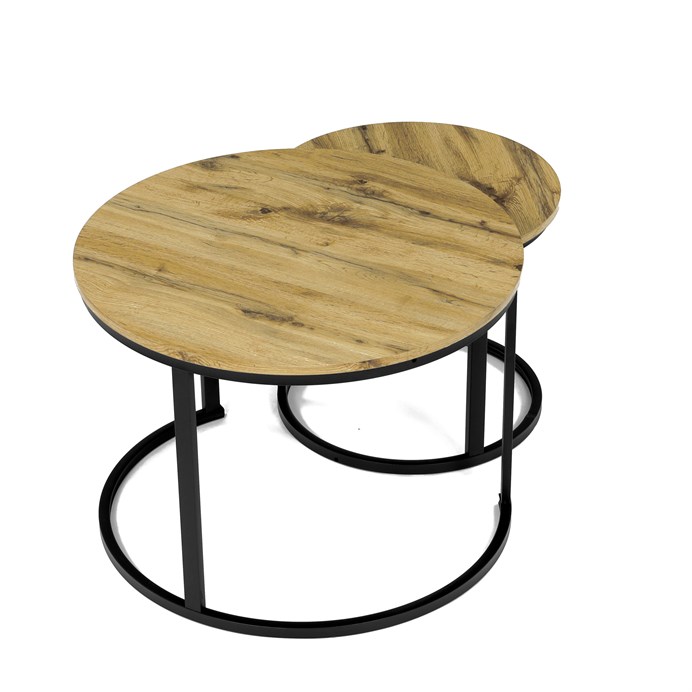 Sada 2 konferenčných stolíkov OREO 3 – MDF z divokého dubu, čierna kovová podstava Autronic