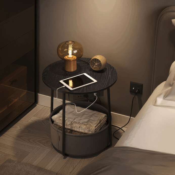 Odkládací stolek FLOW s USB a zásuvkou – černý MDF, 45x45x50cm Autronic