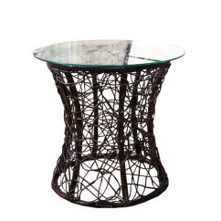 Zahradní stolek SALMAR — umělý ratan/sklo hnědá Kondela