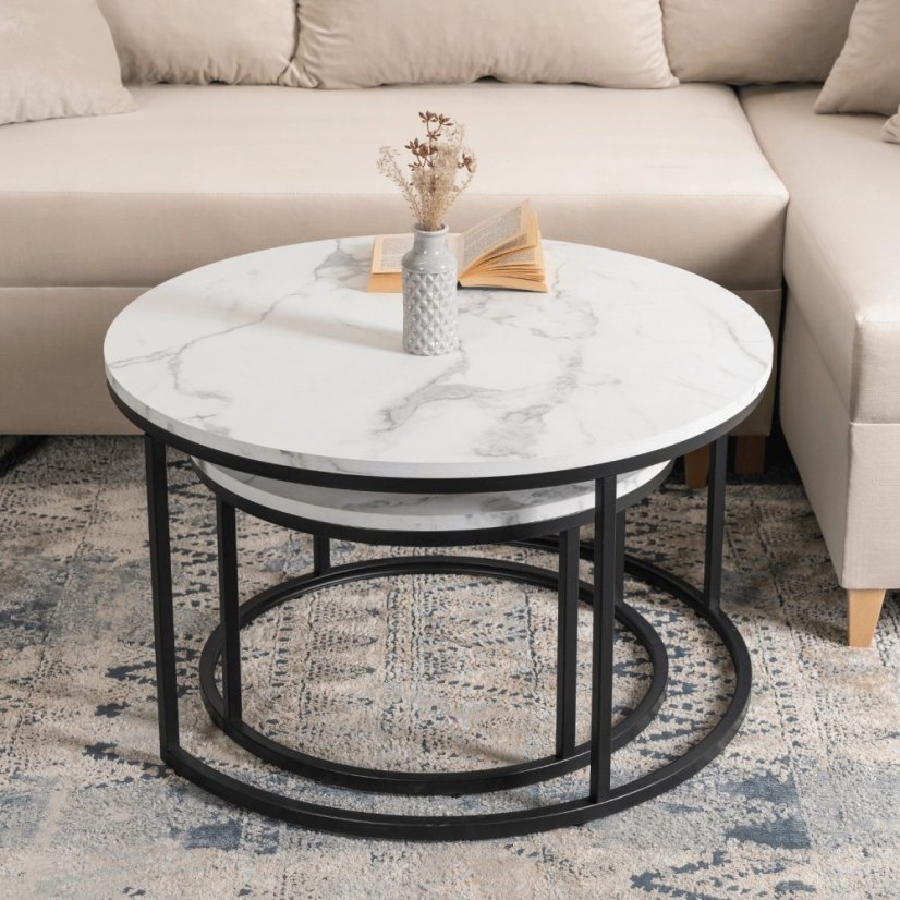 Elegantná sada stolíkov DAFNE MAX, biely mramor a čierny kov Meble Elite