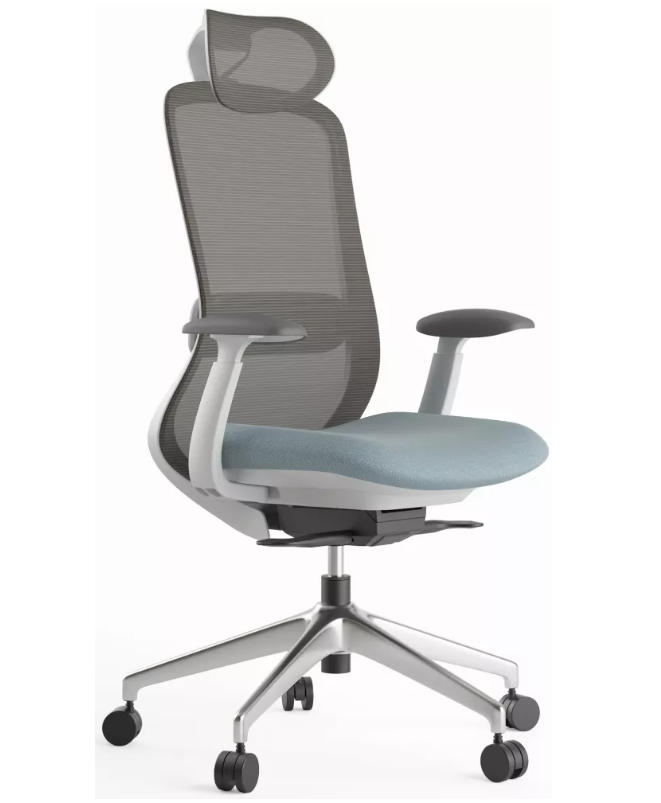 Kancelárska ergonomická stolička BESSEL s podhlavníkom — sieť, čierny plast, nosnosť 120 kg, modrá