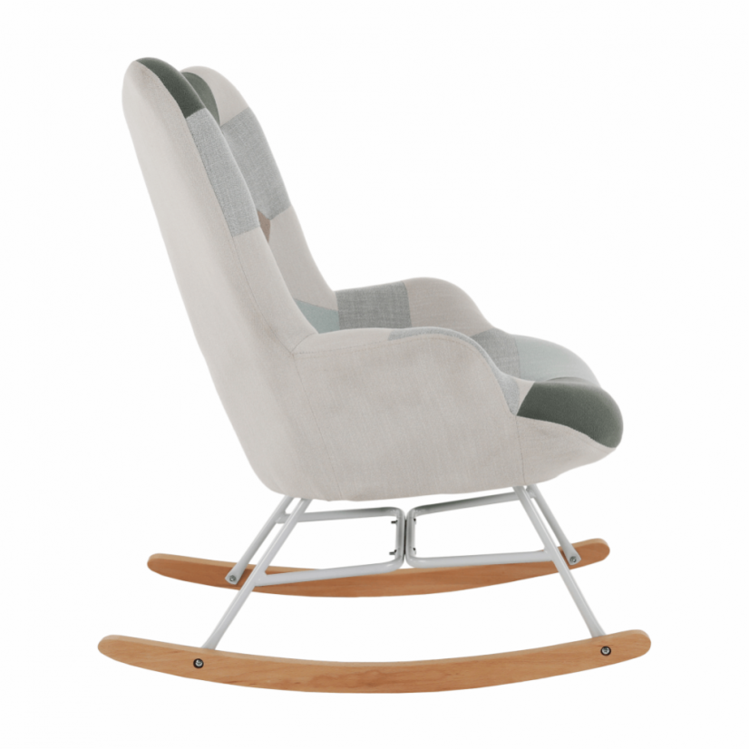 Houpací křeslo GERON — dřevo, kov, látka patchwork Kondela