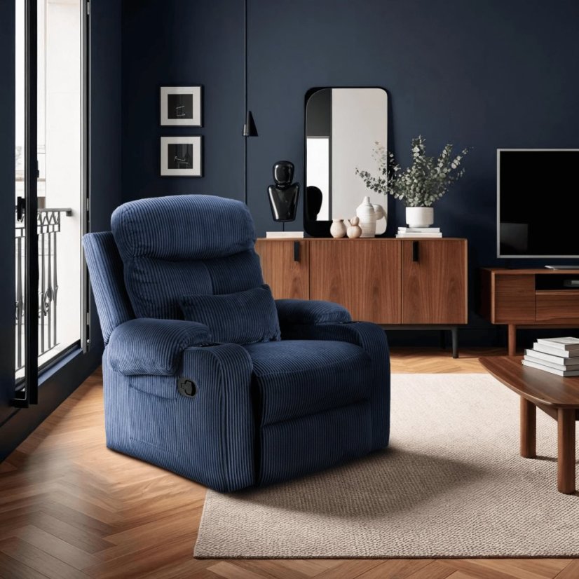 Kreslo TORRES Modrý manšestr – luxusný dizajn s držiakom na poháre