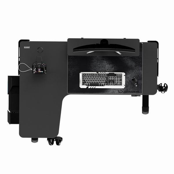 Herní stůl ULTRADESK WINGER – 111x155x60 cm, elektricky nastavitelná výška, RGB podsvícení, černá