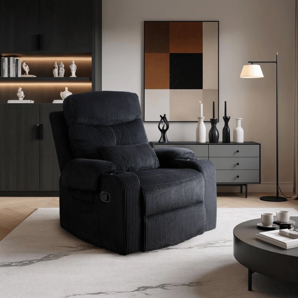 Štýlové kreslo TORRES z čierneho manšestru s držiakom na poháre