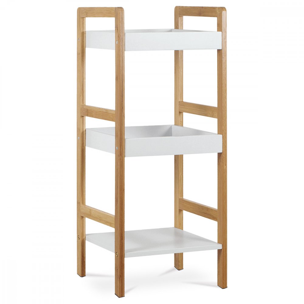 Regál, 3 police, masív bambus, prírodný odtieň, MDF, biely matný lak, nosn. 9 kg