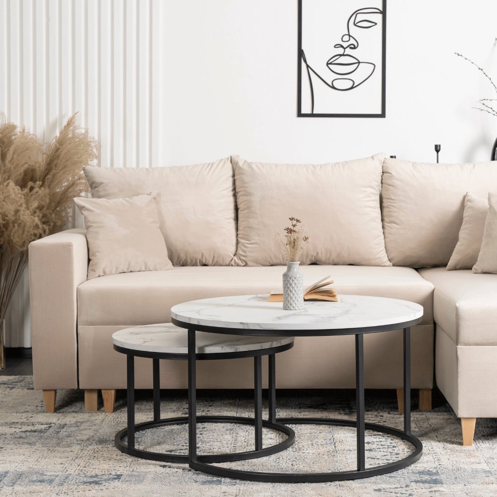 Elegantná sada stolíkov DAFNE MAX, biely mramor a čierny kov Meble Elite