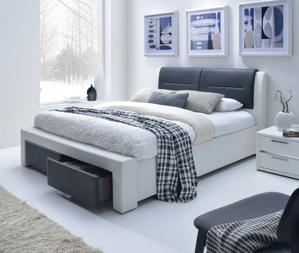 Dvoulůžková postel CASSANDRA S –⁠ 160x200, PU kůže, bílá/černá