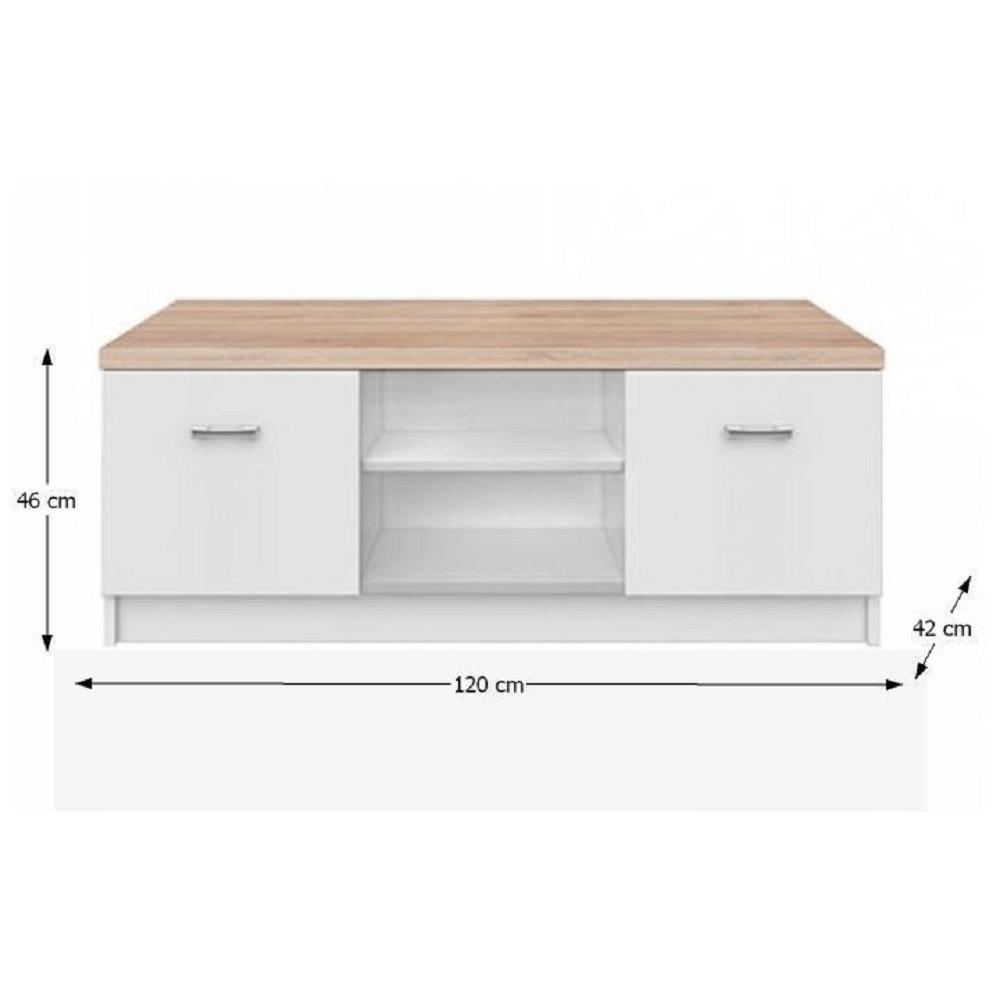 TV stolek TOPTY — 120x42x46, dub sonoma, bílá Kondela