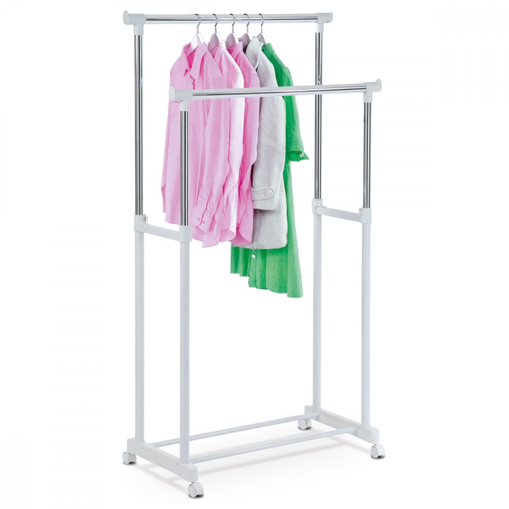 Stojan na šaty dvojramenný s odkladačom, biela farba, kov / plast, chróm