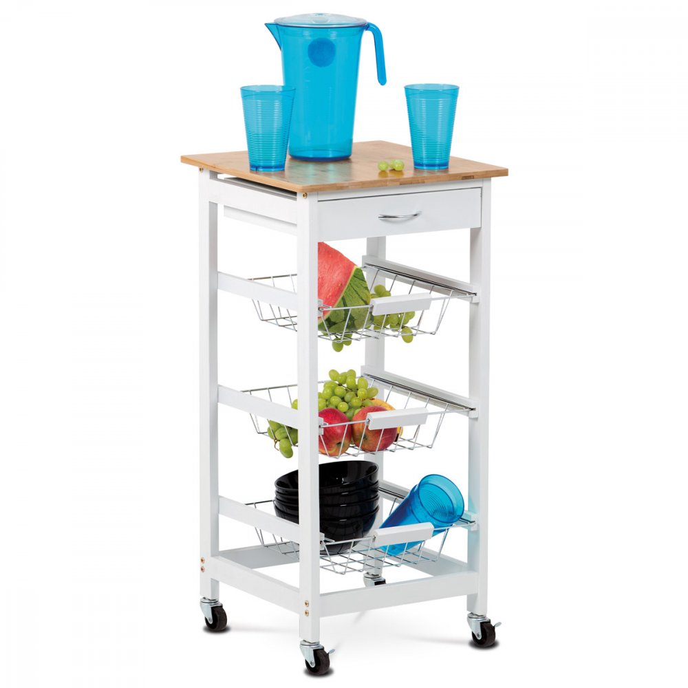 Servírovací stolík / regál, doska masív bambus, MDF, biely matný lak, pojazd