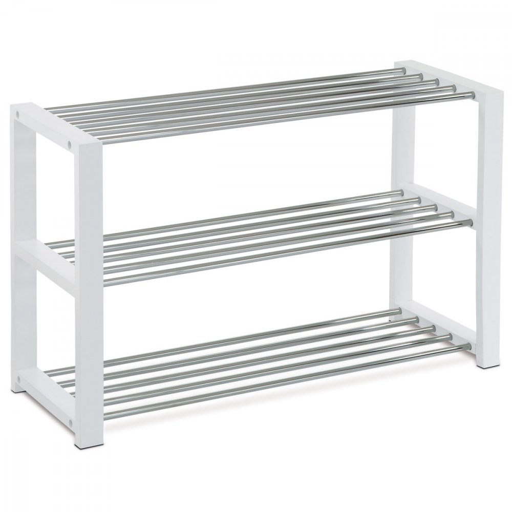 Botník, 3 kovové chrómované police, masív kaučukovník, biely matný lak