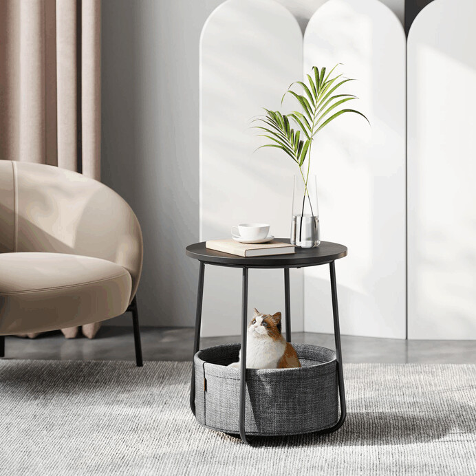 Štýlový odkladací stolík ELIO – 45 × 45 × 50 cm s textilným košom v čiernej farbe Autronic