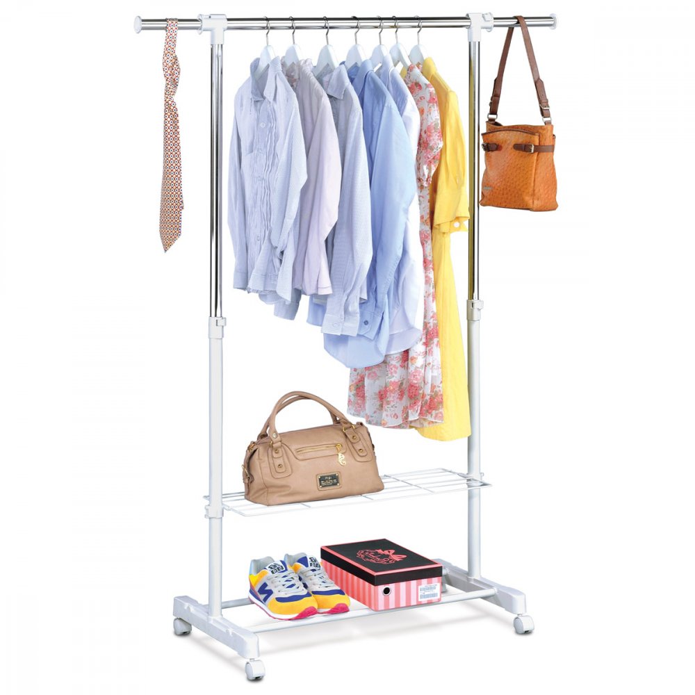 Stojan na šaty s odkladačom a poličkou, biela farba, kov/plast, chróm