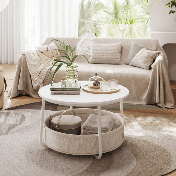 Biely konferenčný stolík VELA s úložným košom – 75 cm, elegantný dizajn Autronic