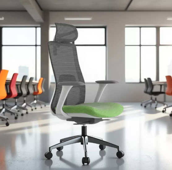 Ergonomická kancelárska stolička WISDOM s opierkou hlavy — sieťovina, sivý plast, nosnosť 120 kg, zelená Mercury star