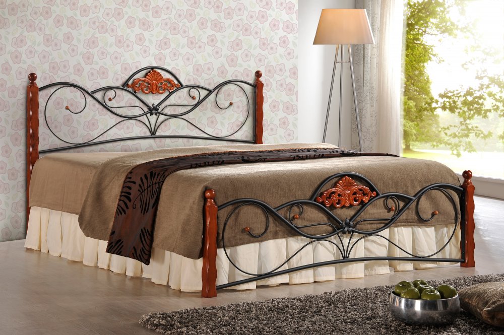 Dvoulůžková postel VALENTINA –⁠ 160x200, kov/dřevo, černá/třešeň