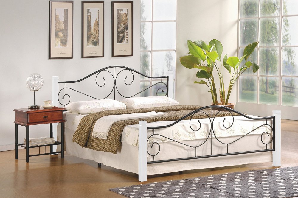 Dvoulůžková postel VIOLETTA –⁠ 160x200, kov/dřevo, černá/bílá